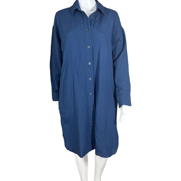 Uniqlo Navy Rayon Linen Minimalist Modest Relaxed Oversized Shirt Dress Sz XS - Picture 4 of 13